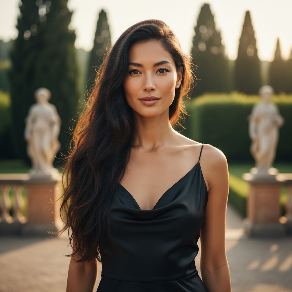 Foto de uma morena com o rosto elegante e cabelo grande