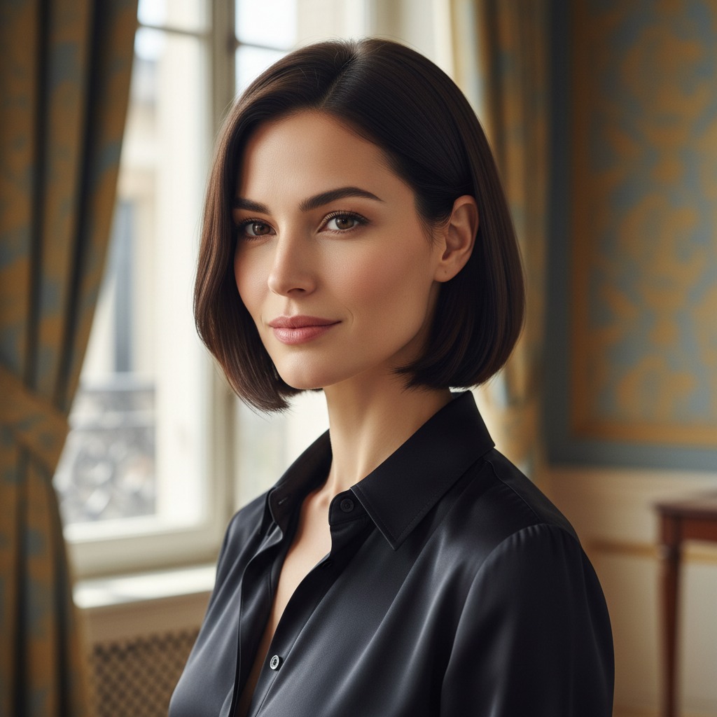Foto de uma mulher morena com um rosto elegante e cabelo chanel